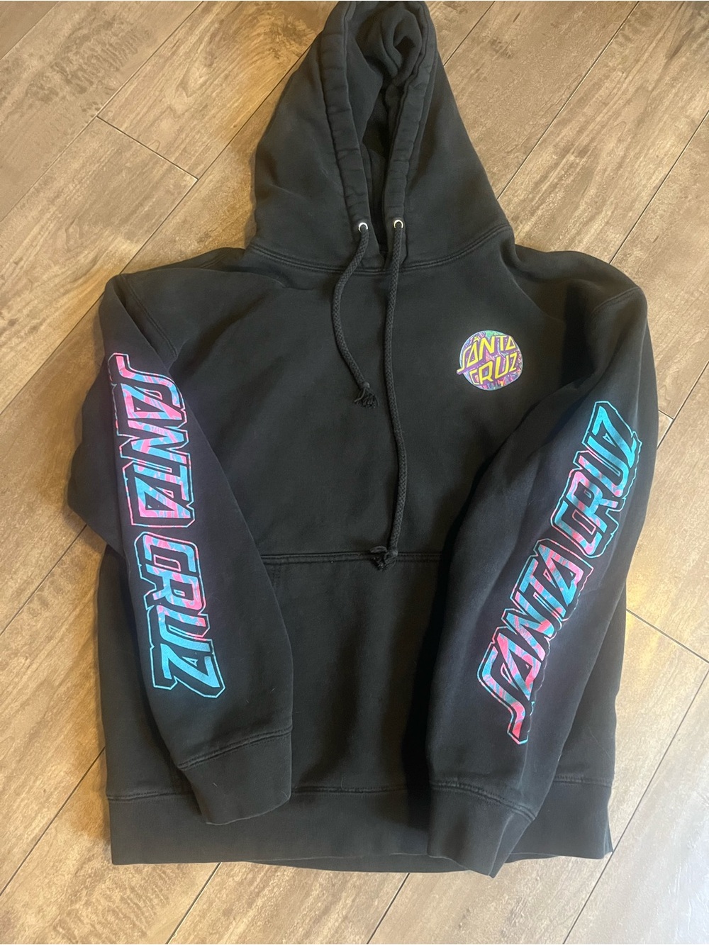 Santa Cruz Skateboards Black Hoodie with Pink & Teal Logo